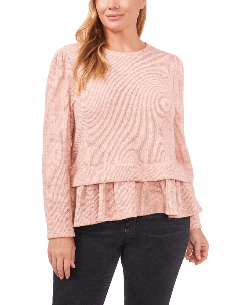 Front of a model wearing a size 1X Sadie Ruffled-Hem Sweater in 697-MISTY PINK by CeCe. | dia_product_style_image_id:263474
